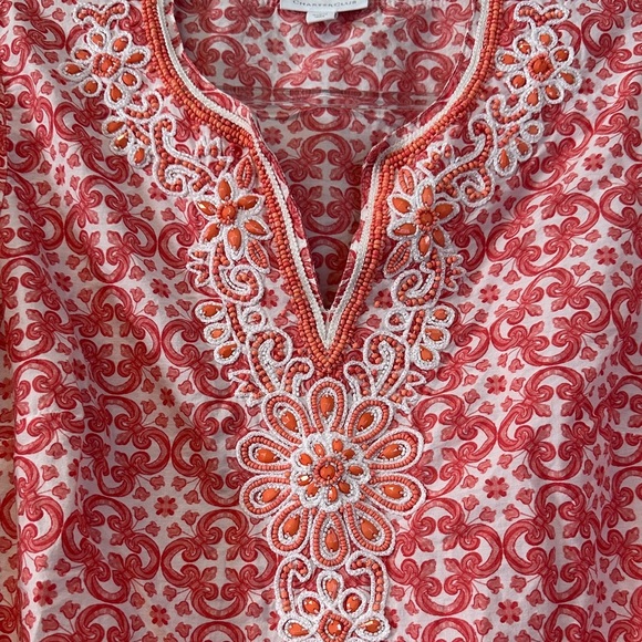 Charter Club Coral Boho Beaded Pattern Cotton Tunic Women's Size M - Picture 4 of 5